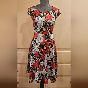 Dress Tells XS Skater Dress – Gothic Sugar Skull & Rose Print